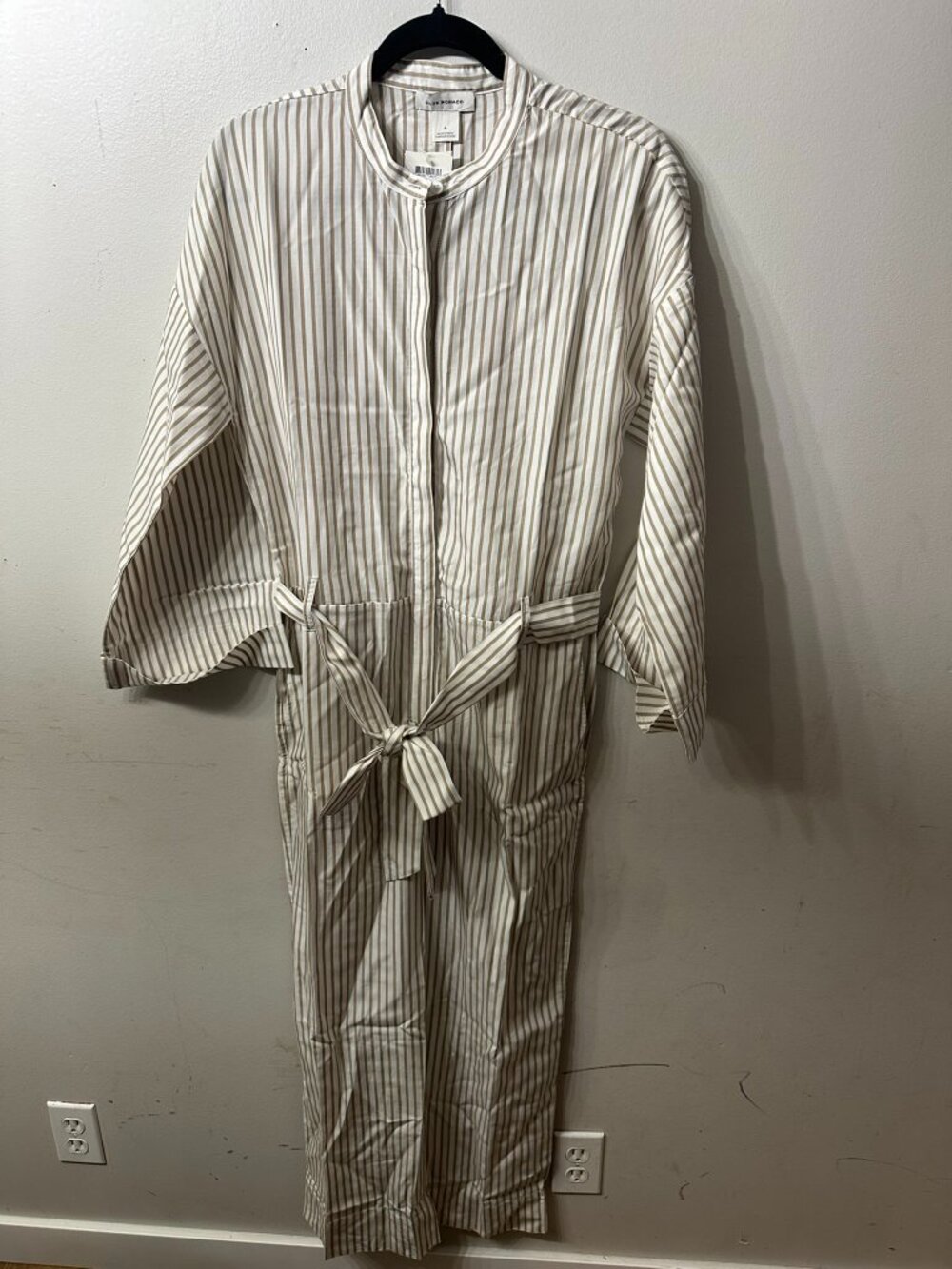 NWT Club Monaco Khaki White Striped Belted Jumpsuit Size 6 $229